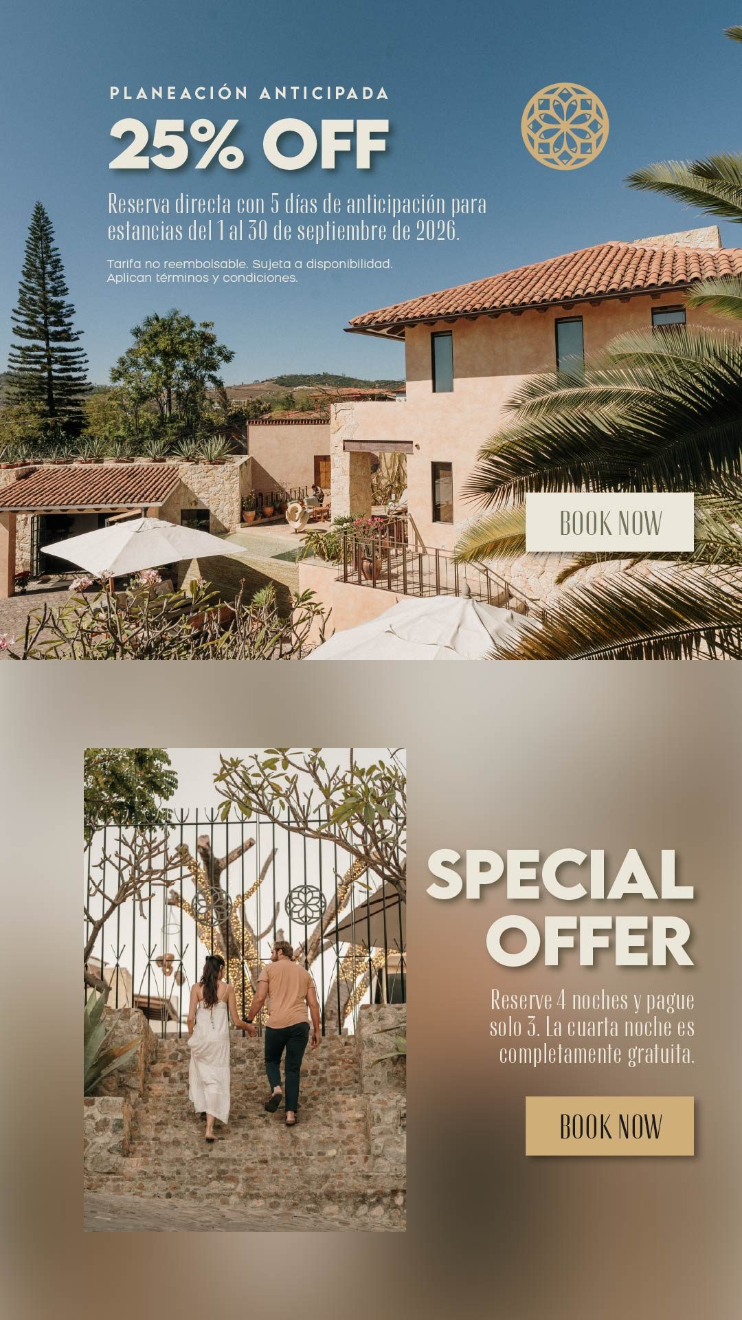 Dos promociones: 25% de descuento reservando directo con 5 días de anticipación para estancias del 1 al 30 de septiembre de 2026, y oferta especial de 4 noches pagando solo 3.